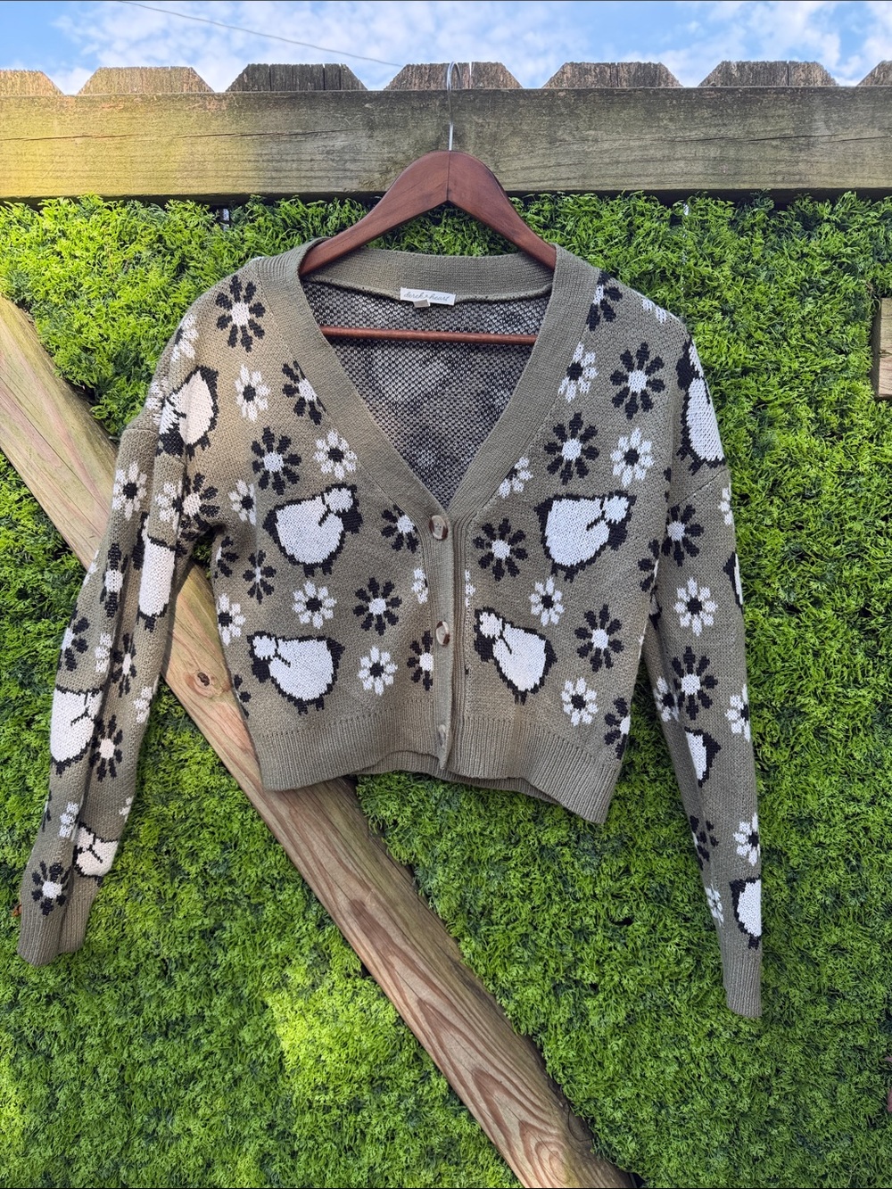 Derek Heart Olive Floral & Sheep Button-Front Cardigan